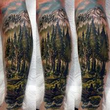 Man With Green Watercolor Forest Scene Half Sleeve Tattoo Nature Tattoos Tattoos Tattoos For Guys