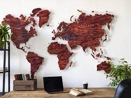 Wooden World Map In Dark Red Wood By Gadenmap Modern Decor Piece Great For The Office Bedroom Or Living Room Map Wall Hanging Map Wall Mural World Map Wall
