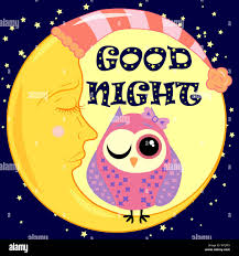 Good Night Postcard With A Dormant Crescent A Cute Cartoon Owl And Text Stock Vector Image Art Alamy