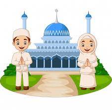 Happy Cartoon Muslim Kids In Front Of Mosque Ilustrasi Karakter Kartun Kartun Hijab