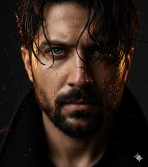 Prompt: Ultra-realistic 8K close-up portrait of a rugged man with wet skin  glistening under dramatic cinematic lighting. Intense focus
