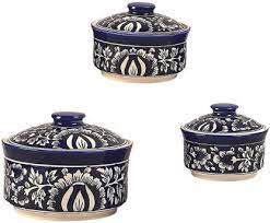 Ceramic & granite coating grill pan with glass lid (purple). Craftghar Ceramic Serving Bowls With Lids Set Of 3 Donga Set In Handmade Pottery Microwave Safe Blue Ceramic Serving Bowl Price In India Buy Craftghar Ceramic Serving Bowls With Lids