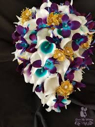 The gorgoues exquisite teal and purple floral comb. Dress My Wedding Real Touch Calla Lily Gold Galaxy Orchid Purple Teal Orchid Bridal Bouquet Teardrop Bouquet Island Orchid Artificial Flowers