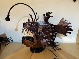 Angler Fish Lamp Metal Garden Sculpture Sea Monster 3d Etsy Fish Lamp Metal Sculptures Garden Angler Fish