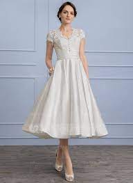 Us 188 00 A Line Princess V Neck Tea Length Satin Wedding Dress With Ruffle Pockets Jj S House Wedding Dresses Satin Bridesmaid Dresses Tea Length Wedding Dress