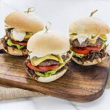 Confit Beef Burgers With Caramelised Onion Camembert And Horseradish Mayo Recipe Beef Burgers Caramelized Onions Horseradish Mayo