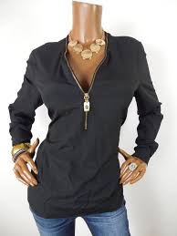 Black And Gold Tops Ladies Michael Kors Womens Top M Black Shirt Gold Mk Insignia Zipper Long Slvs Hi Low Michaelkors Blouse Casual Casual Tops Tops Fall Blouse Styles