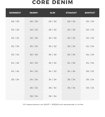 21 Comprehensive Inc Jeans Size Chart