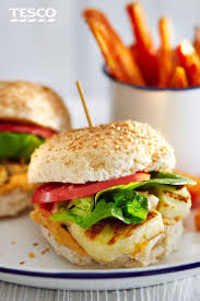 Halloumi Burgers With Red Pepper Houmous And Sweet Potato Chips Tesco Real Food Recipe Food Tesco Real Food Vegetarian Recipes Healthy