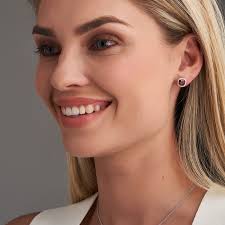 Garnet & Diamond Cushion Halo Stud Earrings In 18K White Gold 0.18ct TW