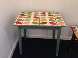 Retro Vintage Kitchen Table Painted With Annie Sloan Duck Egg Blue And Decoupaged With Orla Kiely Multi Stem Vintage Kitchen Table Retro Table Table Furniture