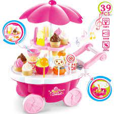 Buyger 39pcs Carrito De Helados Comida Alimentos De Juguetes Ninos Ninas 3 Anos Juego Educativo Rosa Amazon Candy Machine Cotton Candy Machine Cotton Candy