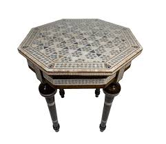 Round moroccan coffee table with antique finish. Handmade Octagonal Mother Of Pearl Side Moroccan Side Table