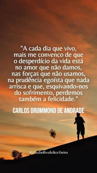 Carlos Drummond de Andrade nos lembra que a vida não foi feita para ser  vivida pela metade. , Guardar amor, não usar nossas forças ou viver com  medo de se machucar é desperdiçar o milagre que é estar ...
