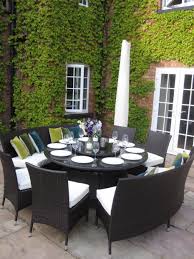 Black Wicker Chairs Set With White Upholstered Seat Combined With Round Glass Top Dining Round Patio Table Large Round Dining Table Round Outdoor Dining Table