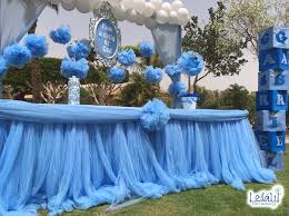 Candy Table With Pompoms And Cloud Balloons For Baby Boy Blue And Silver Themed Baby Shower Decorations By L Baby Shower Themes Baby Shower Baptism Decorations