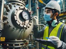 Worker inspecting a pressure vessel in a chemical processing facility.