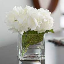 Gracie Oaks Hydrangea Floral Arrangement In Glass Vase Floral Arrangements Flower Vases White Wedding Flowers Centerpieces