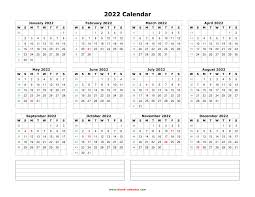 Download Blank Calendar 2022 With Space For Notes 12 Months On One Page Horizontal