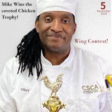 Congratulations to Mike Henry for winning the coveted Chicken Trophy in  today's Chicken Wing contest. Mike won with his Jamaican Jerk wings,  beating out a tough field of competitors! Great job by