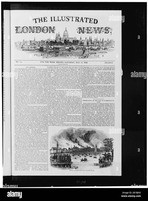 Front page of the Illustrated London news, illustrated with view of London from waterfront, and view of the destruction of the city of Hamburg by fire Stock Photo - Alamy