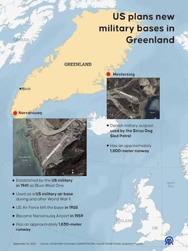 📍 The US is reportedly planning to establish two new military bases in Greenland as Washington seeks to expand its presence on the Arctic island 🔹 Narsarsuaq in southern Greenland, formerly a