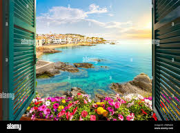 Sea view through open window hi-res ...