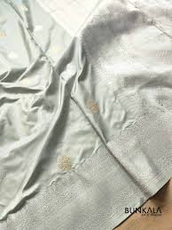 Pastel Greenish Grey Pure Katan Silk Double Tana Silver and Gold Zari Kadwa  Handweaved Buta Banarasi Saree