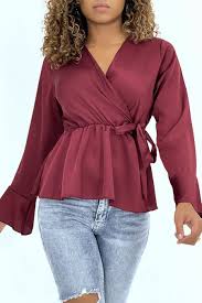 Burgundy Satin Wrap Blouse With Bow