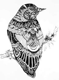 Patterned Bird Drawing In Black Fineliner By Meg Traynier Black White Pattern Line Birds Tattoo Ideas Bird Drawings Bird Line Drawing Cartoon Drawings