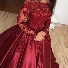 Vintage Muslim Burgundy Wedding Dresses Ball Gown Beaded Lace Women Formal Evening Gown Robe De Mariee Burgundy Wedding Dress Long Sleeve Wedding Dress Lace Bridal Ball Gown