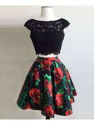 Elegant A Line Two Piece Scoop Open Back Print Flower Short Dress Black Lace Short Homecoming Dress Little Black Dress Two Piece Homecoming Dress Piece Prom Dress Prom Dresses Two Piece