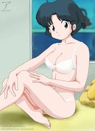 arekusanderu, tendou akane, ranma 12, 1girl, artist name, bed, black eyes,  black hair, bra, breasts, cleavage, female focus, indoors, lingerie,  looking at viewer, medium breasts, nipples, on bed, panties, patreon  username, pillow,