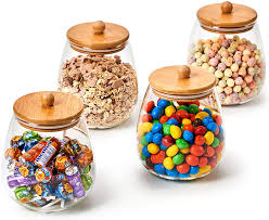 Empty clear glass bottles refillable glass container with bamboo lids. Ezoware 4 Piece Round Clear Glass Jars Air Tight Decorative Canister Kitchen Food Storage Container Set With Natural Bamboo Lids For Candy Cookie Rice Sugar Flour 1000ml 9stroke