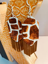 Giraffe Print With Faux Leather Arrow Fringe Earrings