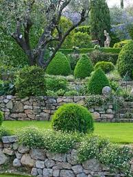 Formal Mediterranean Garden With Stacked Fieldstone Walls Boxwood Topiaries And Statuary Backyard Landscaping Beautiful Gardens Outdoor Gardens