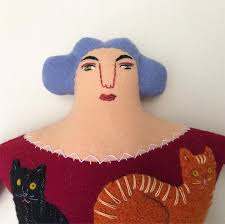 Cat Lady pillow doll #woolapplique #handmadeartdoll #textileart #catlady  #clothdoll
