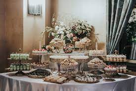 Theme, variety of desserts, sturdy plates and accessories like paper decorations. Wedding Picture Wedding Dessert Table Setup