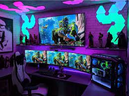 This Setup Has It All Four Displays And Some Lights That Cost More Than My Entire Setup What Do You Think Gaming Room Setup Video Game Rooms Game Room Decor