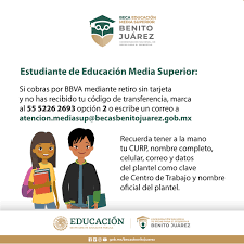 Las becas benito juárez solicitan que lleves tu clave única de registro de población (curp) impresa. Becaria Y Becario De Media Superior Si Cobras Por Bbva Mediante Retiro Sin Tarjeta Y No Has Recibido Tu Codigo De Transferencia Marca Al 55 5226 2693 Opcion 2 Recuerda