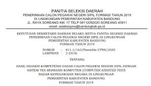 Pengumuman hasil seleksi administrasi jptp sekretaris daerah kabupaten cianjur pengumuman | 16 april 2021. Bkppd Pengumuman Hasil Seleksi Kompetensi Dasar Skd Pada Seleksi Cpns Formasi Tahun 2019 Di Lingkungan Pemerintah Kabupaten Bandung