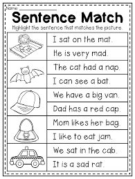 Work slowly with the group, showing how to sound out the new cvc words and draw attention to the dolch words than can't be sounded out. Read And Match Cvc Sentence Worksheet This Packet Is Filled With Piles Of Fun Cvc Workshee Kindergarten Reading Worksheets Preschool Reading Reading Cvc Words