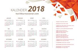 Barevně jsou rozlišeny pracovní a volné dny, zobrazeny jsou i čísla týdnů. Kalender 2018 Hari Libur Nasional