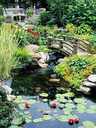 Pond Perfect A Restful Landscape Includes An Expansive Pond A Bench Chair And Table Offer A Quiet Alc Fish Pond Gardens Pond Landscaping Ponds Backyard