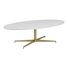 The piece is set upon a magnificent architectural custom brass base. Florence Knoll Style Carrera Marble Oval Coffee Table Chairish