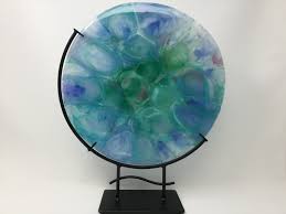 Fused glass freestanding happy playing kitty's wave. Sculpture Blue Green Lavender Art Glass Table Sculpture With Steel Stand Fused Glass Art Art Collectibles