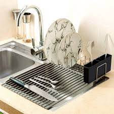 Basstop over the sink dish drying rack includes 1 dish rack, 1 bowl rack, 1 fruit basket, 1 knife and cutlery holder, 1 utensils holder, 1 cutting board holder, 5 utility hooks and 1 detergent rack. Sanno Over The Sink Roll Up Dish Rack Dish Rack Drying Drying Rack Kitchen Sink Dish Rack