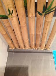 Une Separation Exotique Fait De Vrai Bambou Pour Delimiter La Douche De L Espace Lavabo Salle De Bain Salle De Bain Cloison Bois Et Lavabo