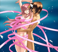 kira yamato, lacus clyne, gundam, gundam seed, gundam seed destiny, anime  screenshot, highres, 00s, 1boy, 1girl, brown hair, closed eyes, couple,  long hair, naked ribbon, navel, nude, pink hair, purple eyes, ribbon -