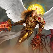 angron, sanguinius, warhammer 40k, 1boy, angel, armor, blade encarmine,  blonde hair, breastplate, circlet, david-sondered, fangs, flaming sword,  flaming weapon, gauntlets, gem, glowing, glowing eyes, glowing sword,  glowing weapon, gold armor, hair tubes,